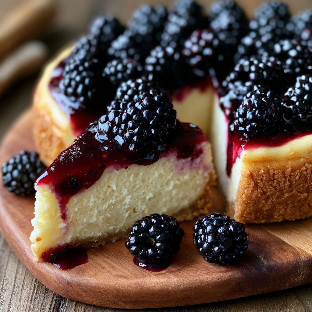 A slice of cheesecake with blackberries on top.