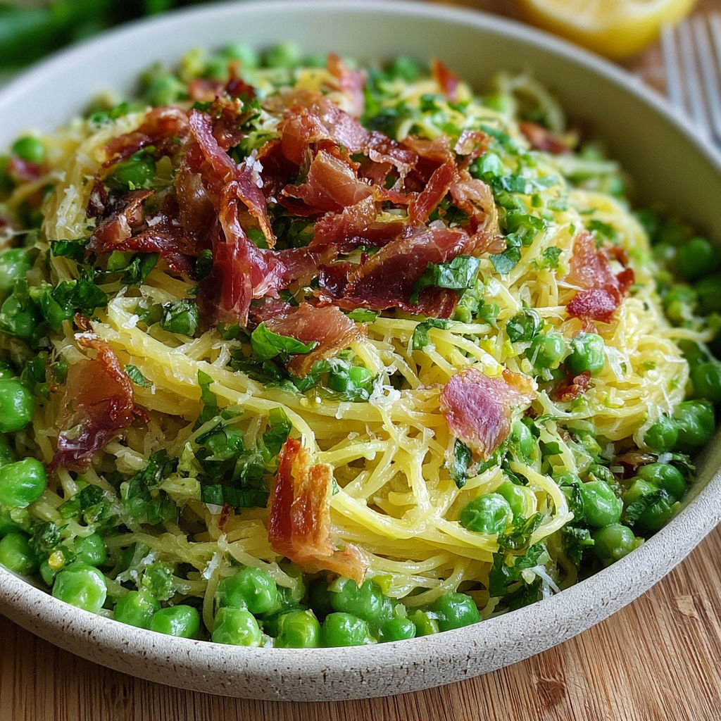 A bowl of pasta with peas and bacon.