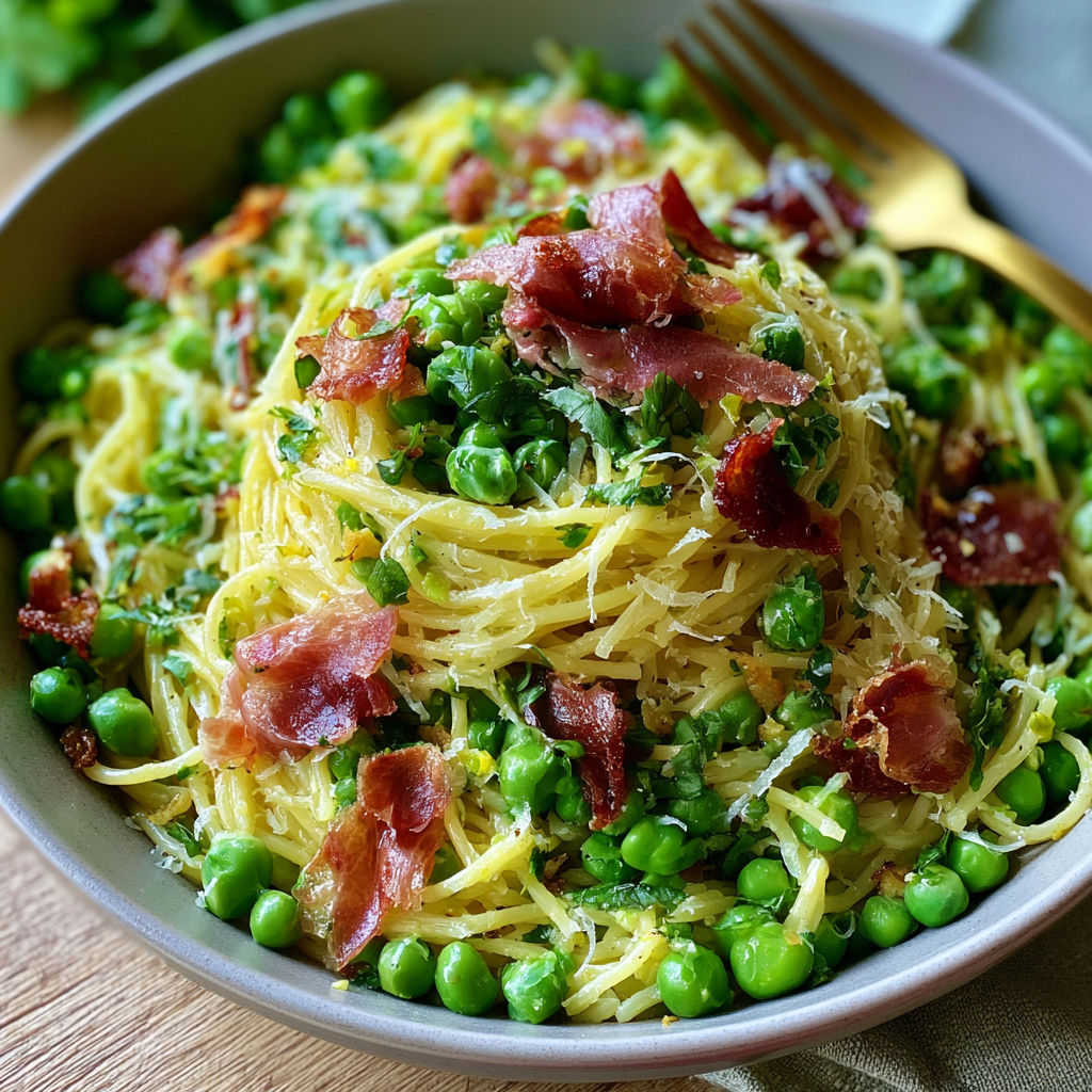A bowl of pasta with peas and bacon.