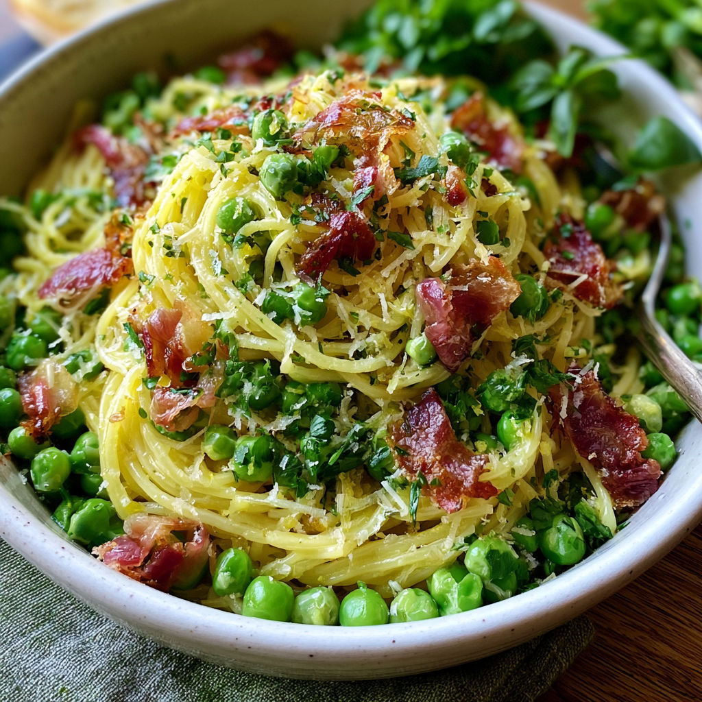 A bowl of pasta with peas and prosciutto.