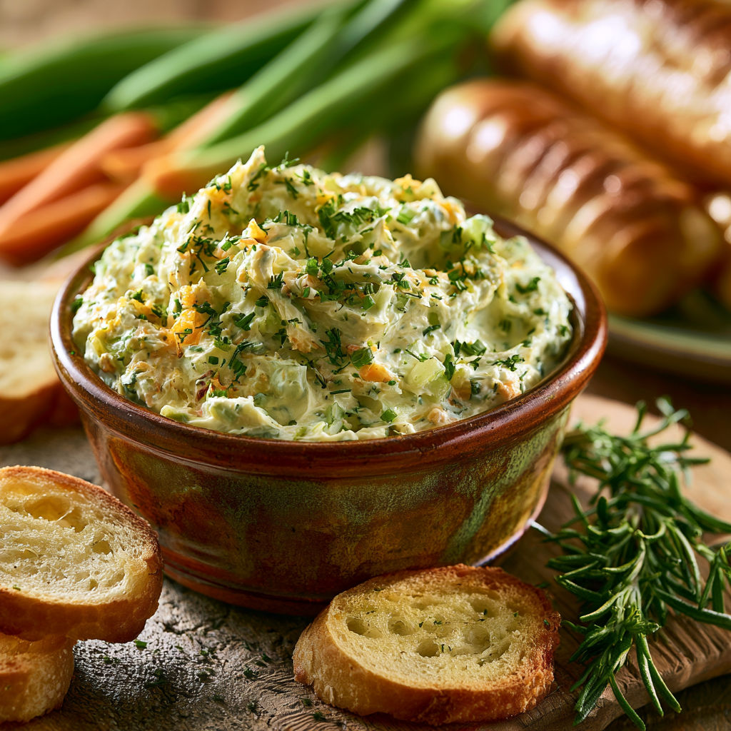 A bowl of dip with a spoon and a plate of bread.
