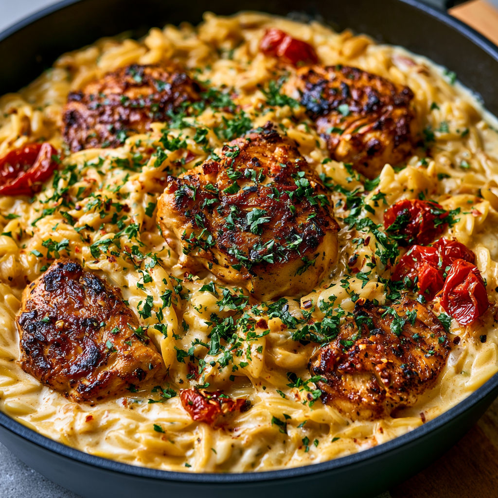 A dish of chicken and pasta with tomatoes and herbs.