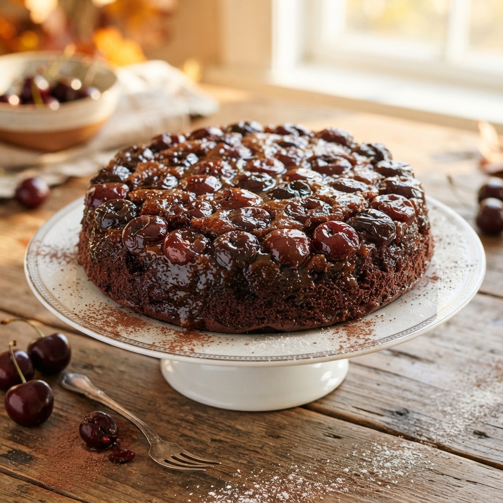 A chocolate cake with cherries on top.