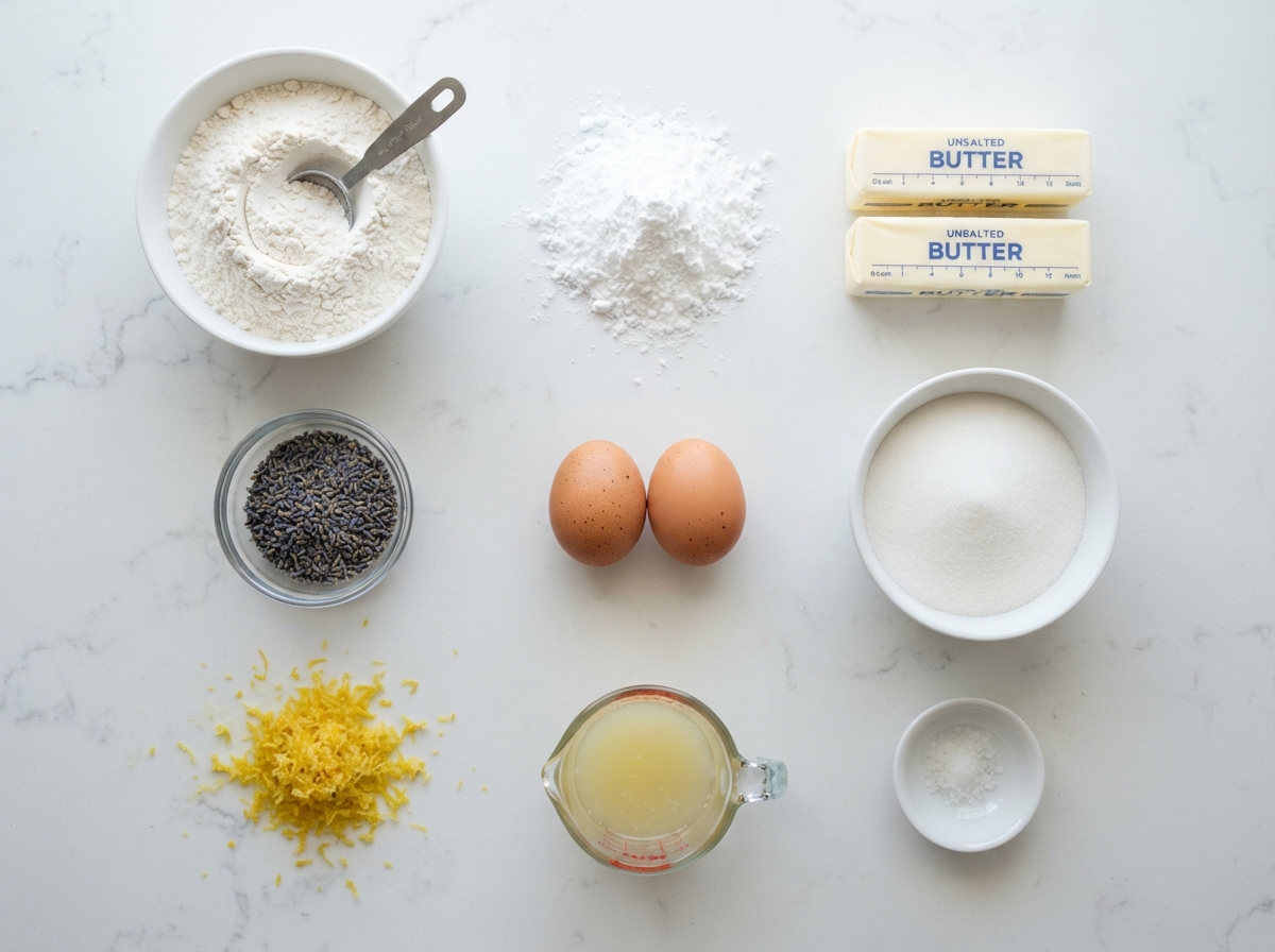 A bowl of flour, an egg, and butter are on a counter.