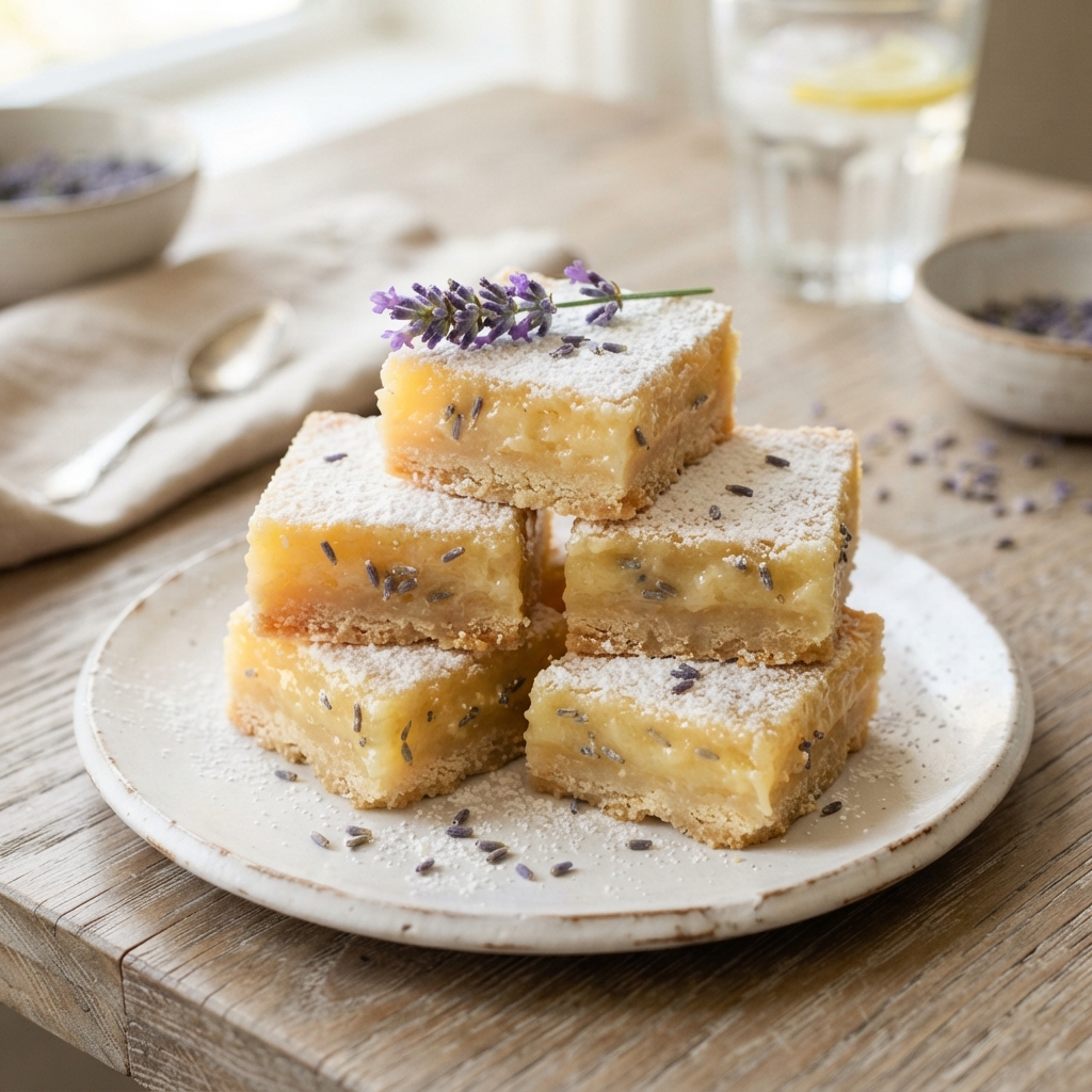 A plate of lavender lemon bars.