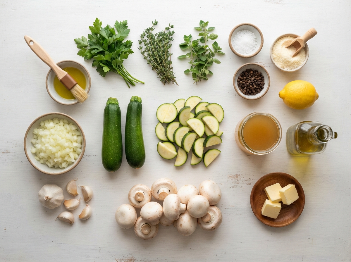 A skillet with zucchini and mushrooms.