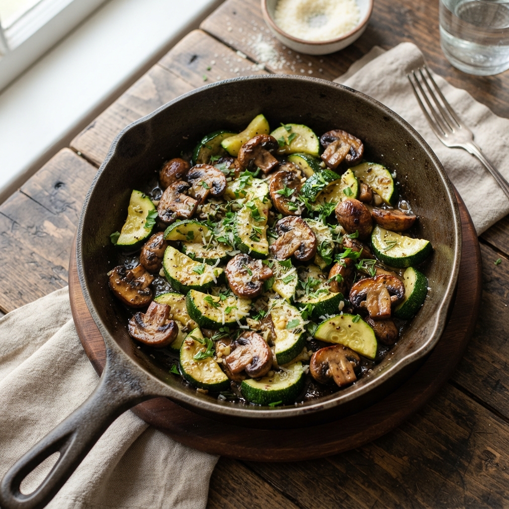A skillet with zucchini and mushrooms.
