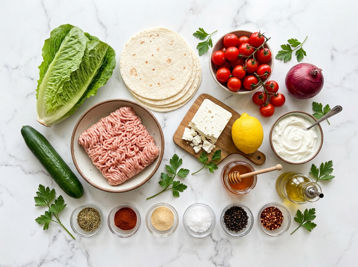 A table with a variety of foods including meat, vegetables, and cheese.