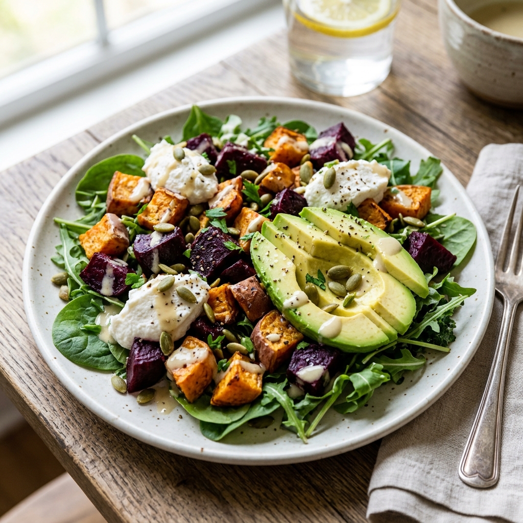 A plate of food with a vibrant roasted beet, sweet potato and avocado salad.