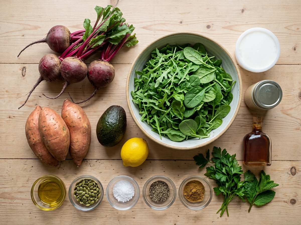 A bowl of greens sits on a table with other vegetables.
