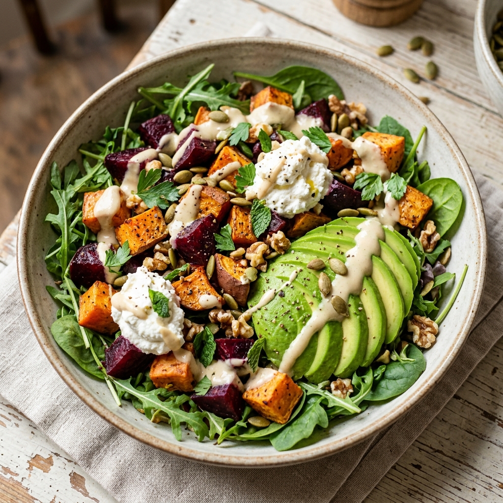 A bowl of salad with roasted beets, sweet potatoes, and avocado.