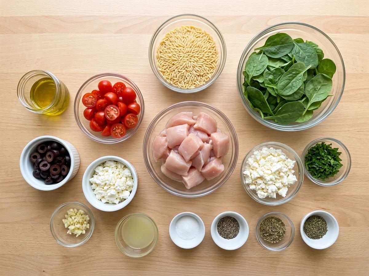 A table with various ingredients for a high protein Mediterranean chicken orzo dish.