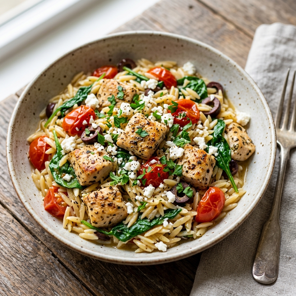 A bowl of chicken orzo with tomatoes and spinach.
