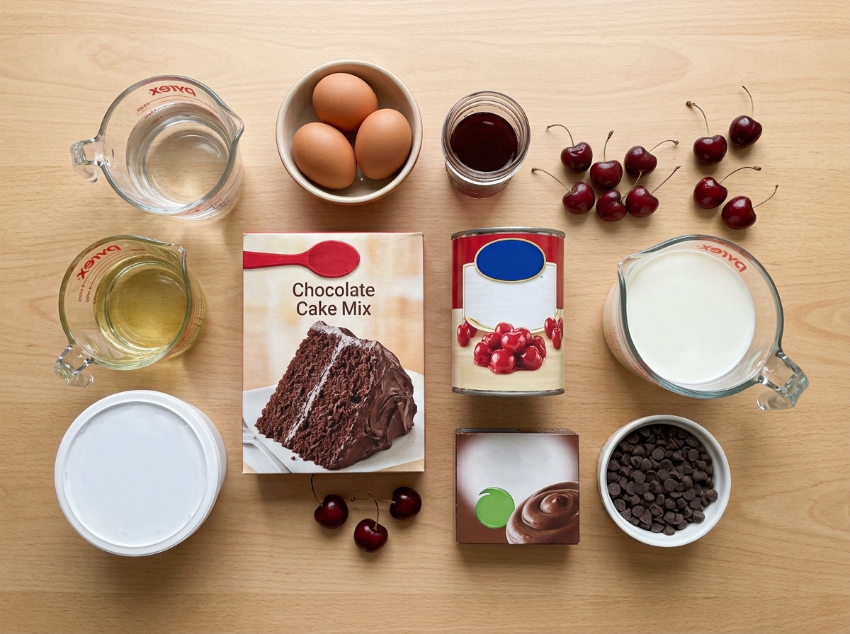 A box of chocolate cake mix with cherries and chocolate chips.