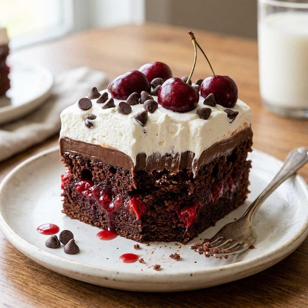 A slice of chocolate chip poke cake with cherries on top.