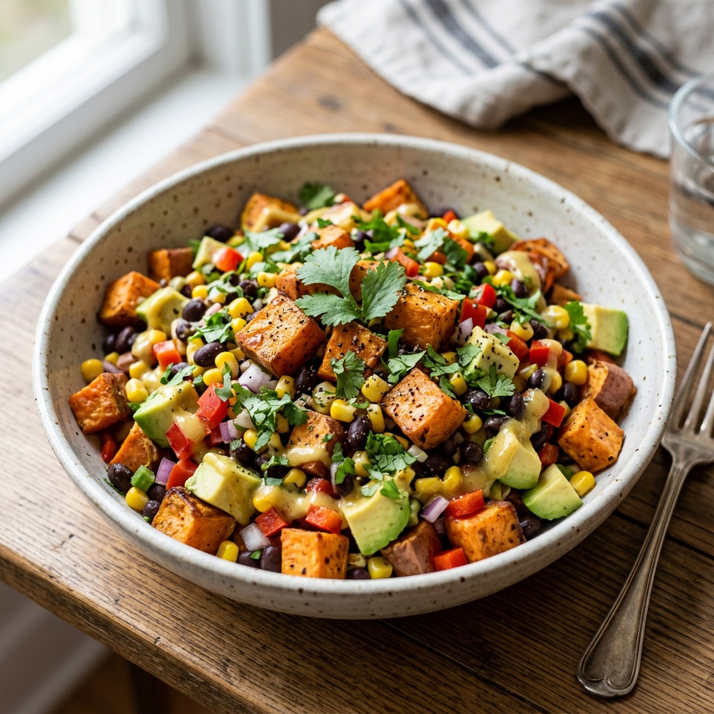 A bowl of sweet potato salad with honey mustard.