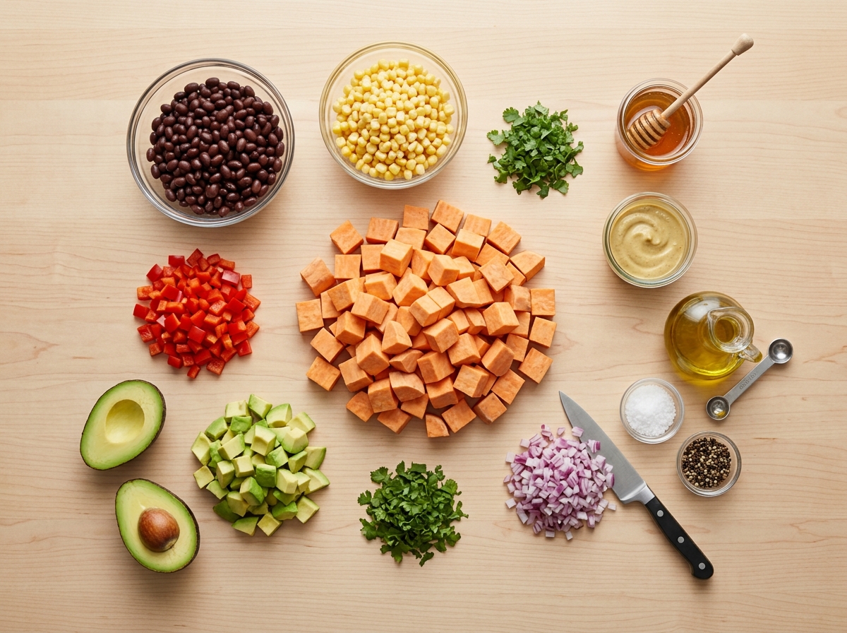 A wooden table with a variety of food items including a loaded sweet potato salad with honey mustard.