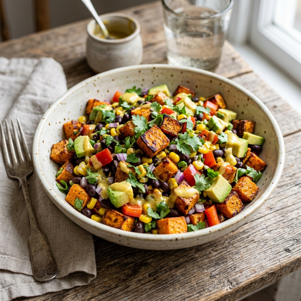 A bowl of sweet potato salad with honey mustard.