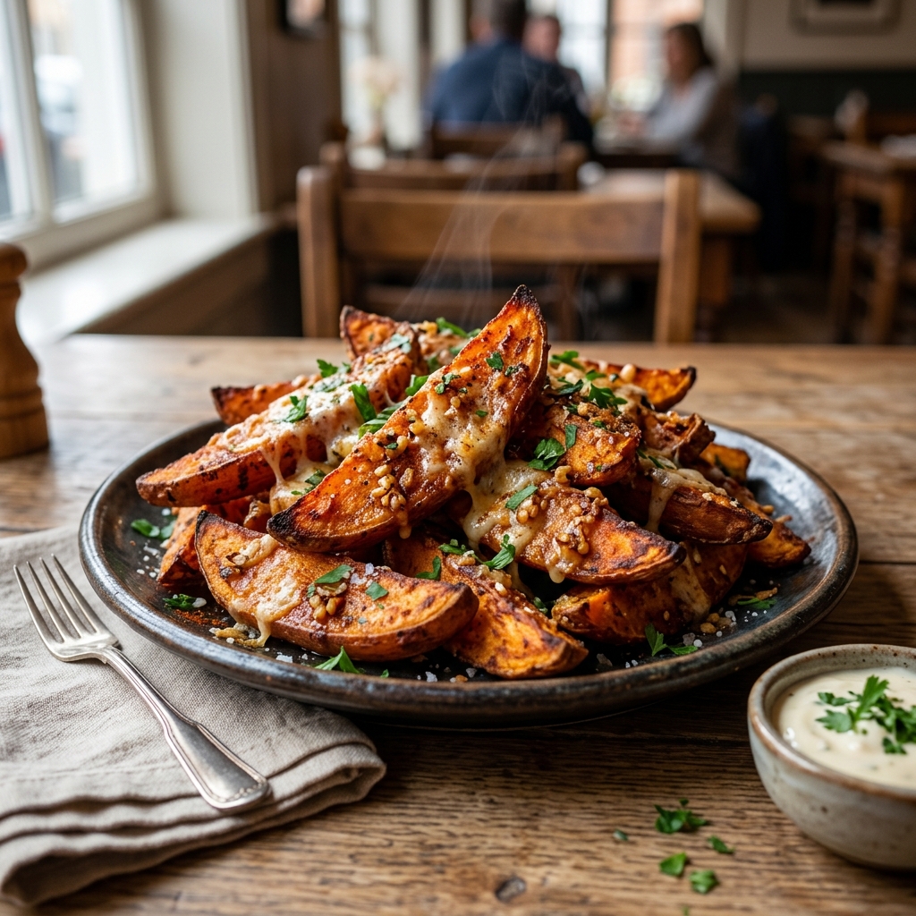 A plate of garlic parmesan sweet potato wedges.