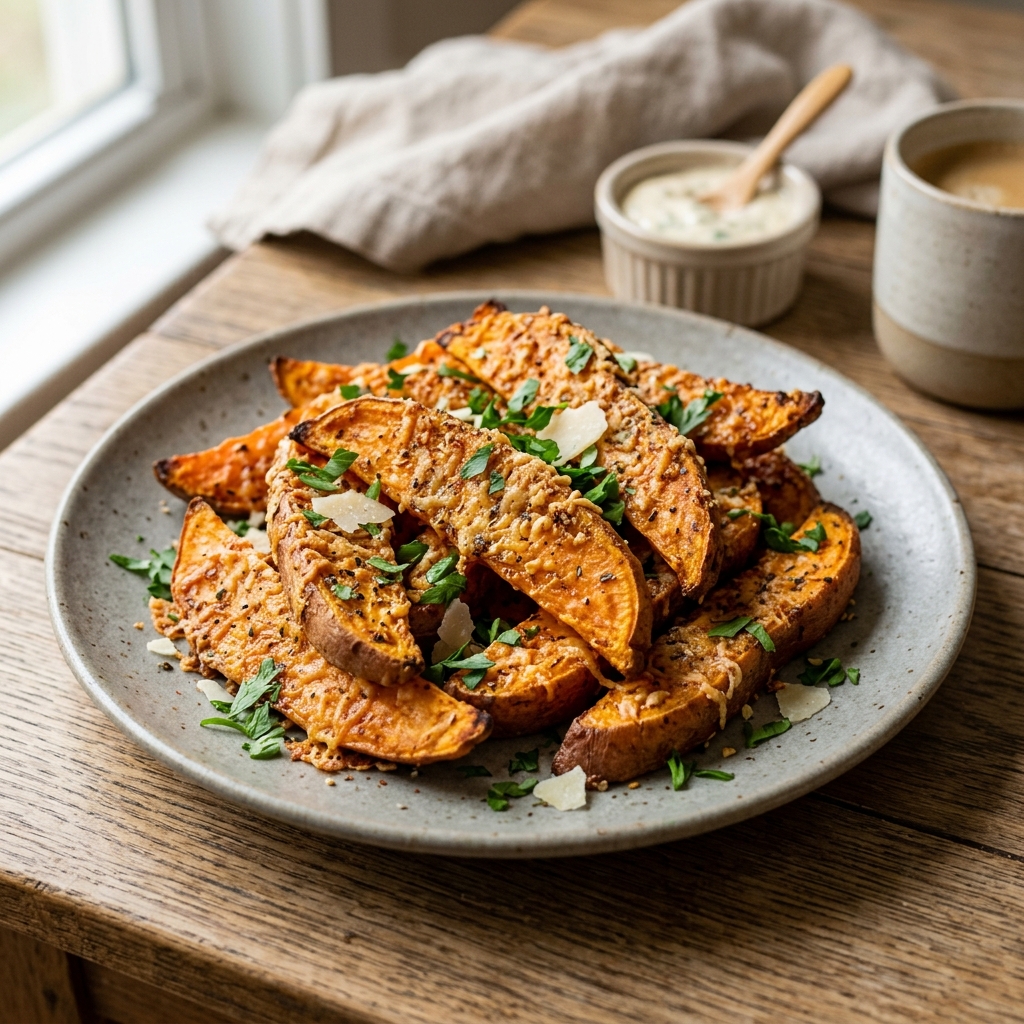 A plate of garlic Parmesan sweet potato wedges.