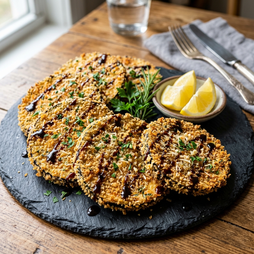 Crispy garlic herb crusted eggplant slices.