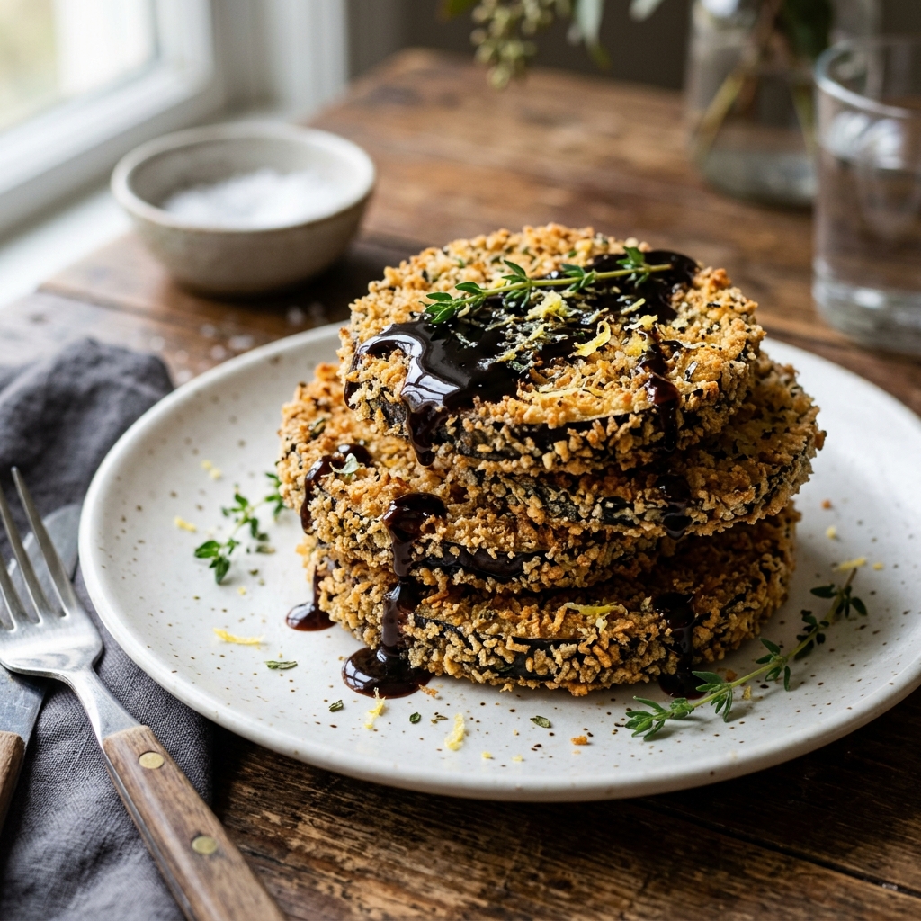 A stack of pancakes with chocolate sauce on top.