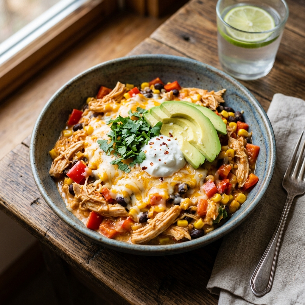 A bowl of chicken and avocado enchilada.