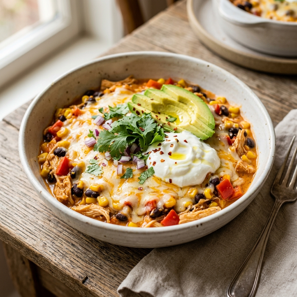 A bowl of food with a fork and spoon on the side.