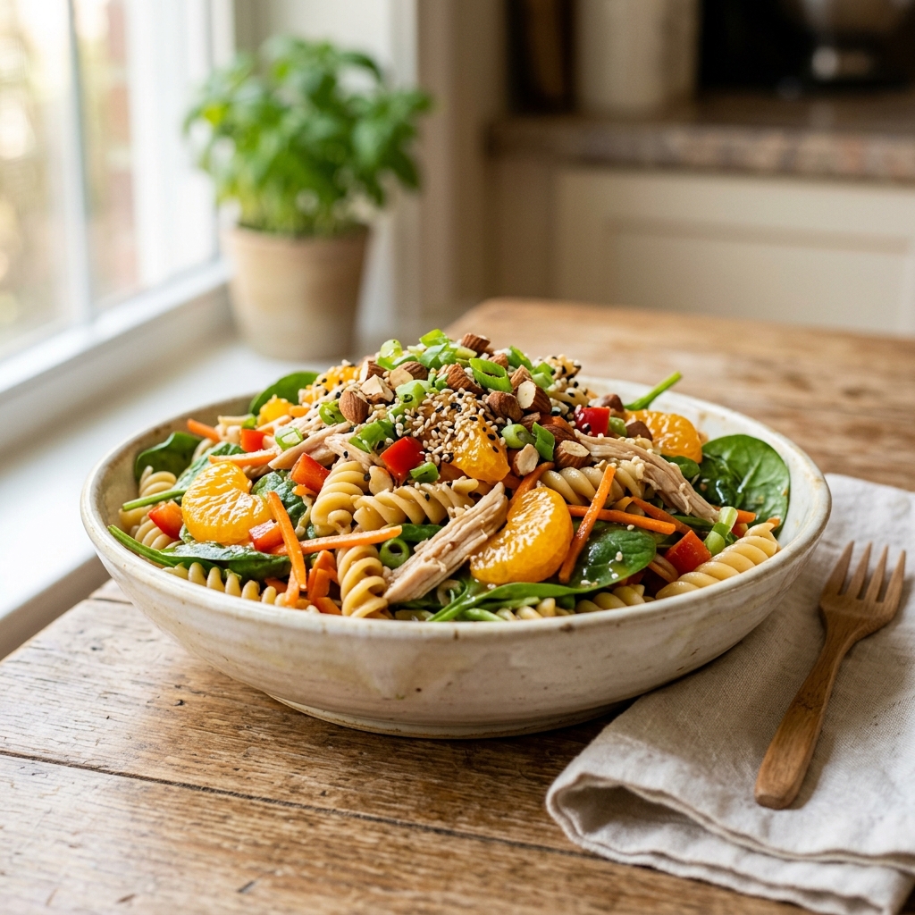 A bowl of pasta salad with chicken, carrots, and peppers.