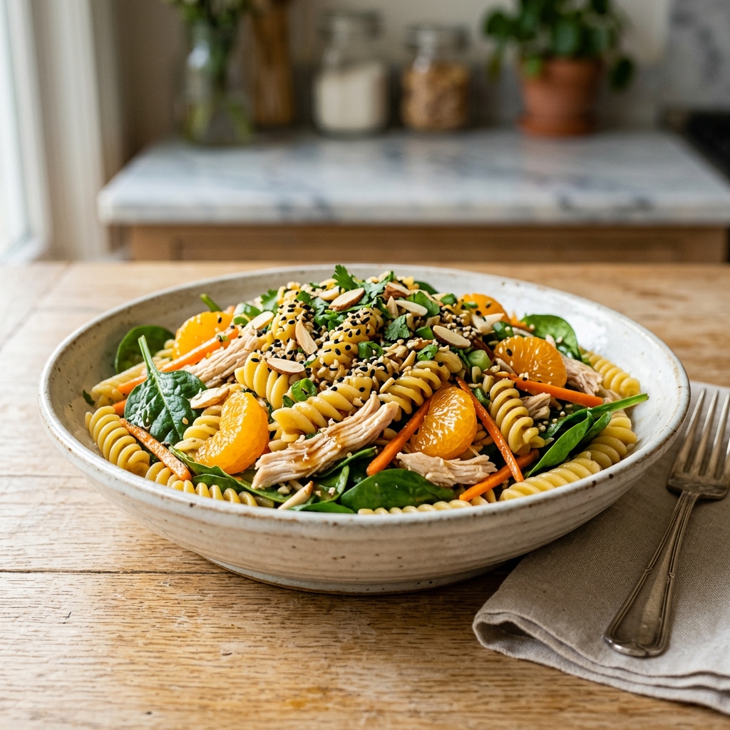 A bowl of pasta with vegetables and meat.