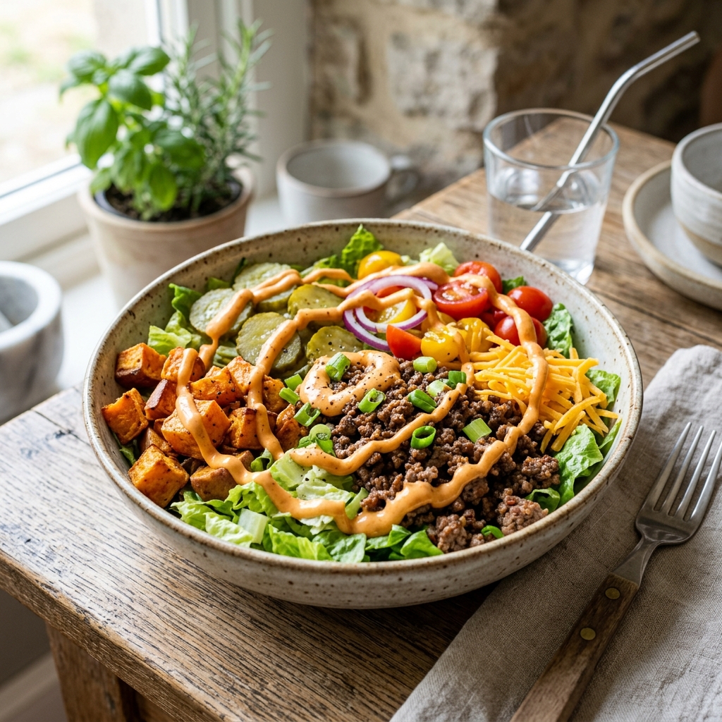 A high protein burger bowl with various vegetables and meat.