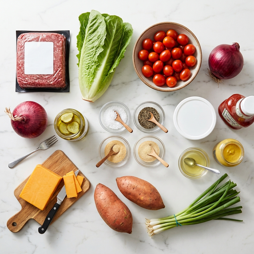 A variety of ingredients for a high protein burger bowl.