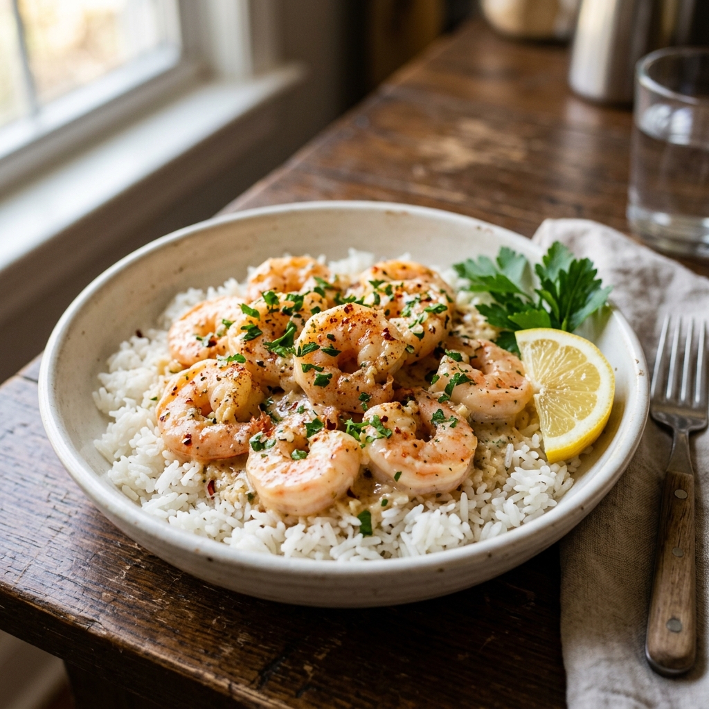 A bowl of shrimp and rice with a lemon wedge on the side.