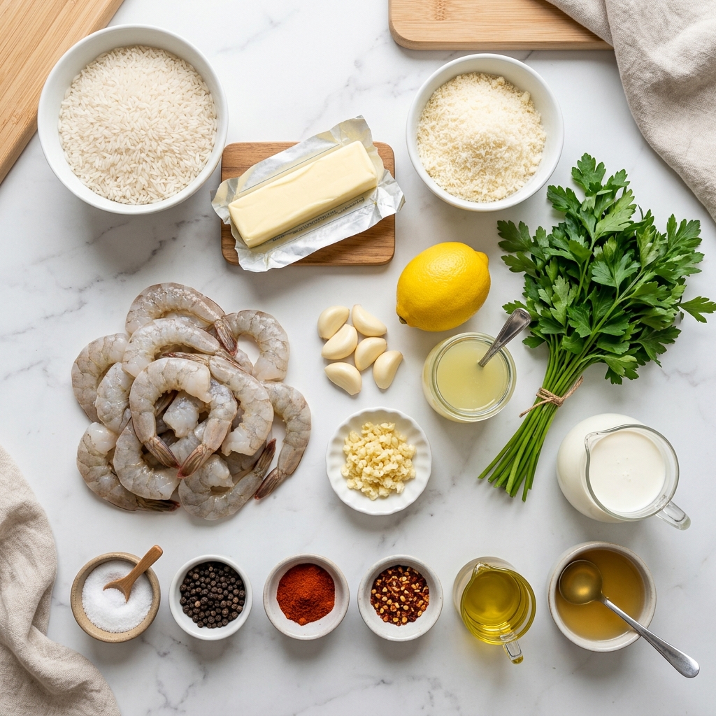 A table with various ingredients for a shrimp and rice dish.