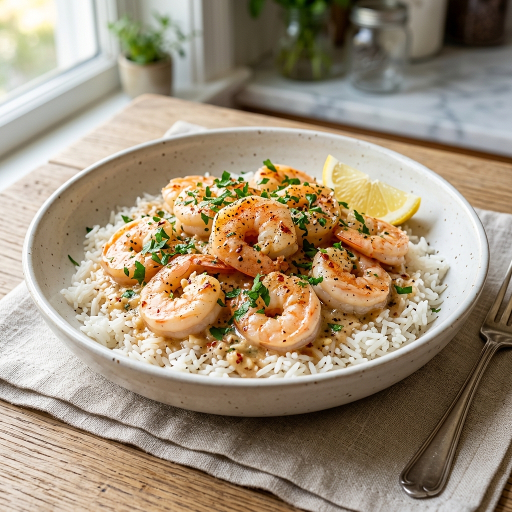 A bowl of shrimp and rice with a lemon wedge on the side.