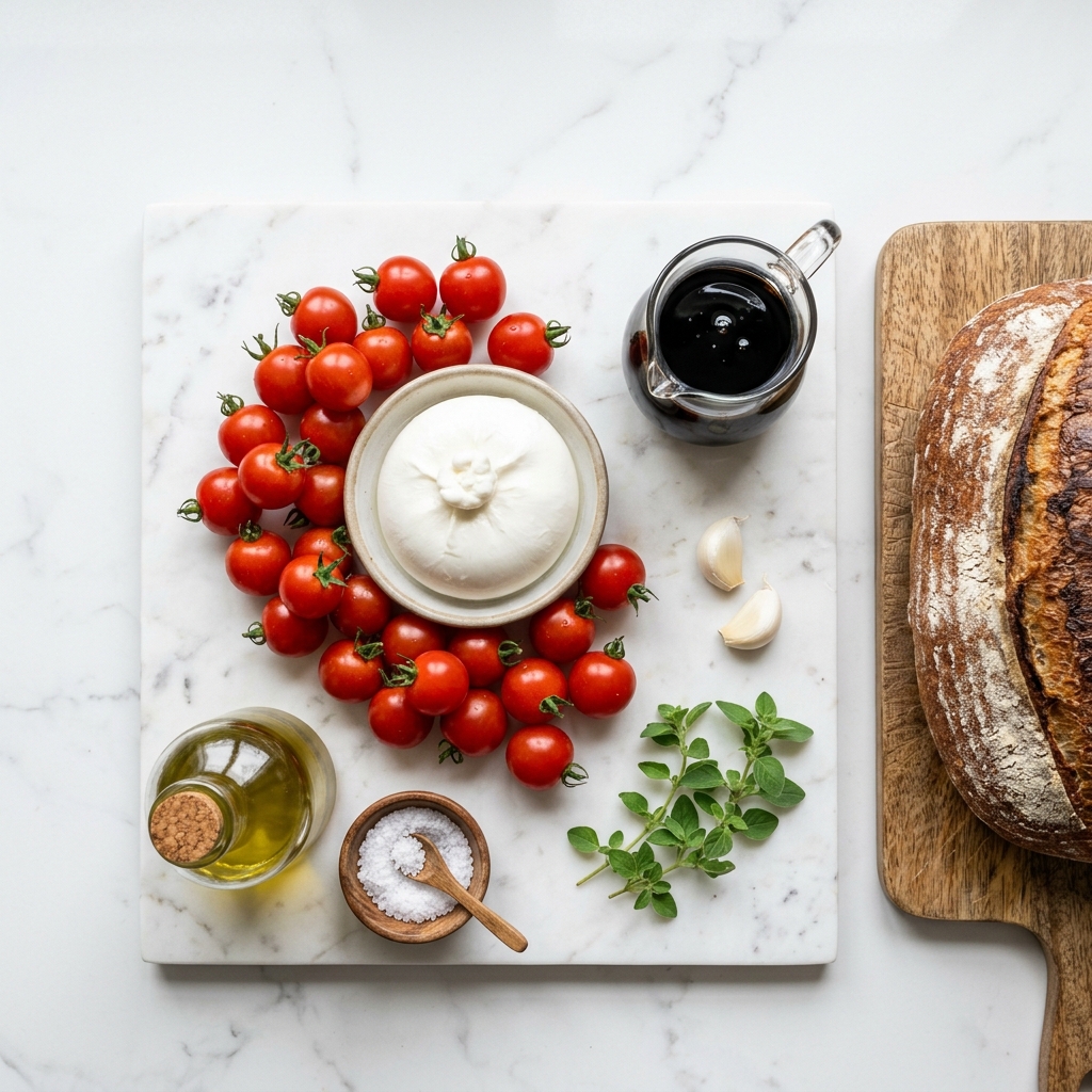 A marble table with a variety of food items including bread, tomatoes, cheese, and herbs.