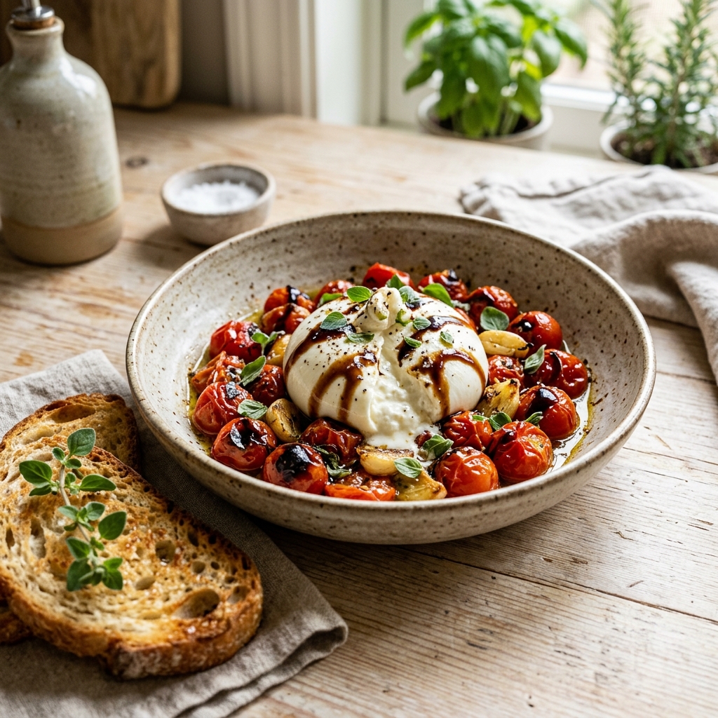 A bowl of food with tomatoes and cheese.
