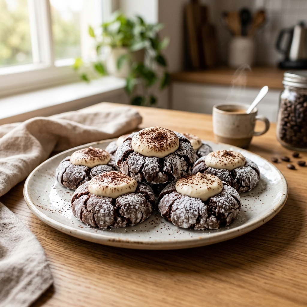A plate of Tiramisu Crinkle Cookies.