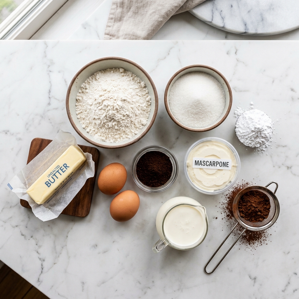 A table with ingredients for Tiramisu Crinkle Cookies.
