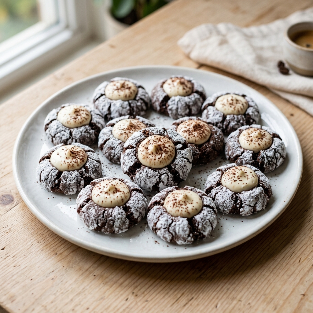 A plate of Tiramisu Crinkle Cookies.