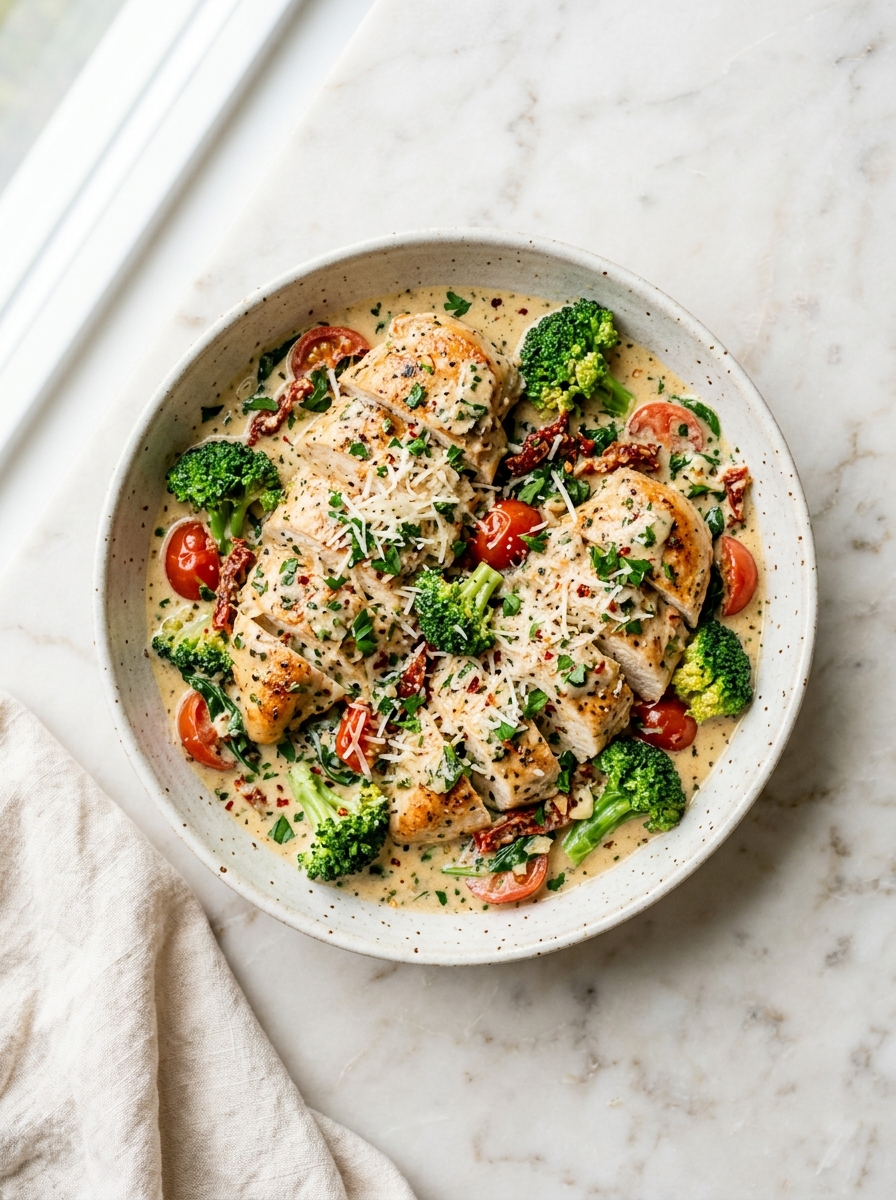 A bowl of chicken with tomatoes and broccoli.