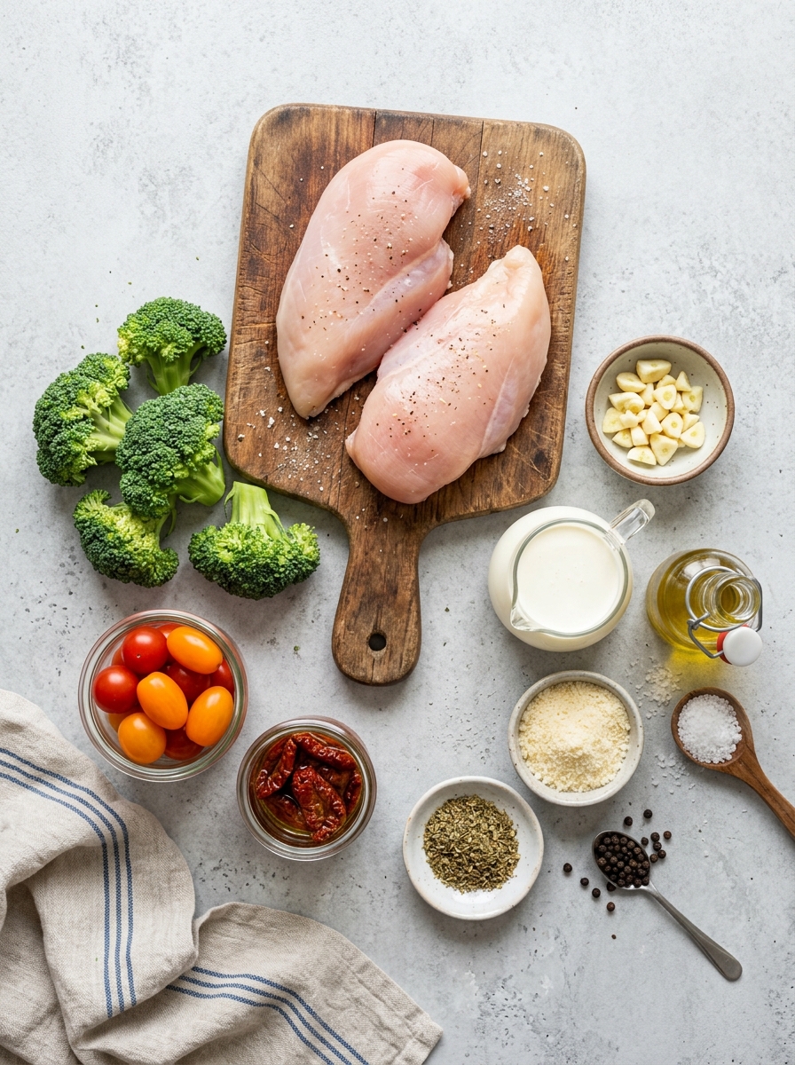 A wooden cutting board with chicken and vegetables.