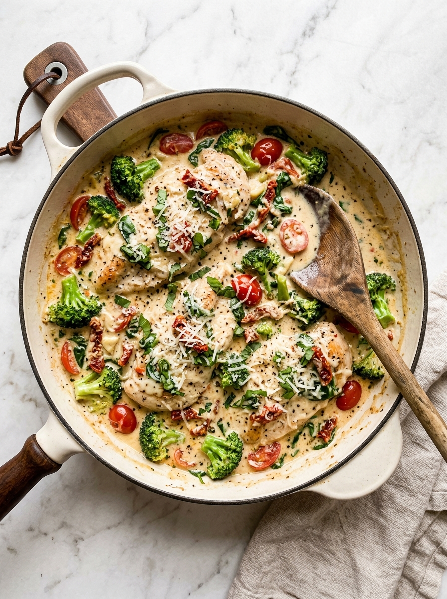 A bowl of food with broccoli and tomatoes.