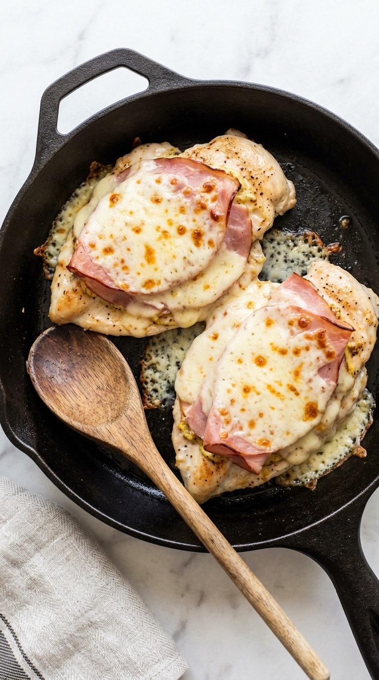 Two pieces of chicken with cheese and ham on top.
