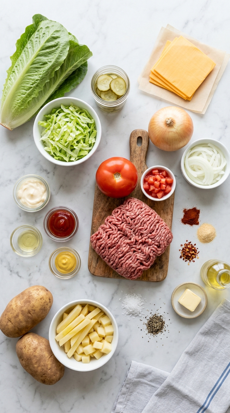 A table with various ingredients for a meal.