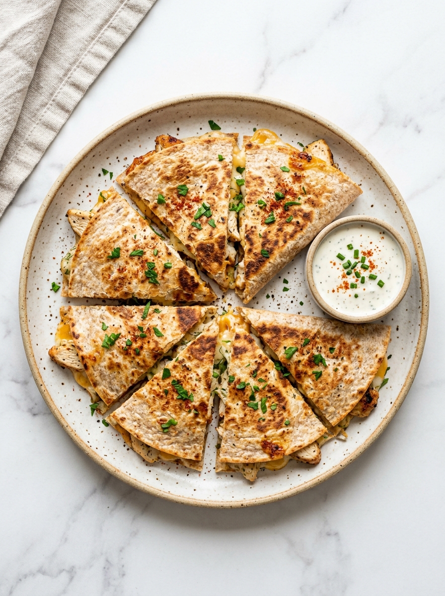 A quesadilla with chicken and ranch sauce.