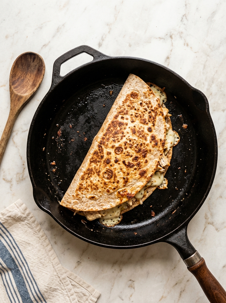 A quesadilla in a black skillet.