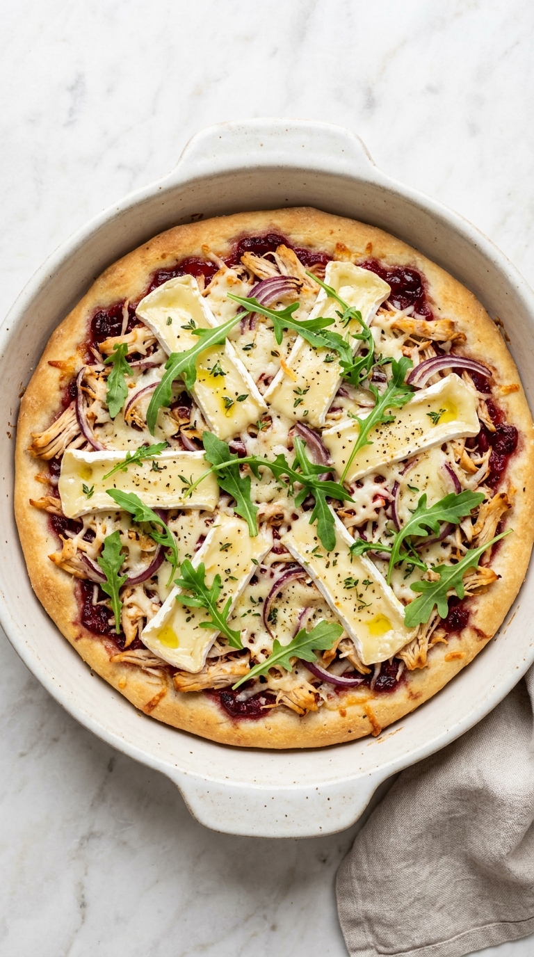 A pizza with cheese, chicken, and cranberries.