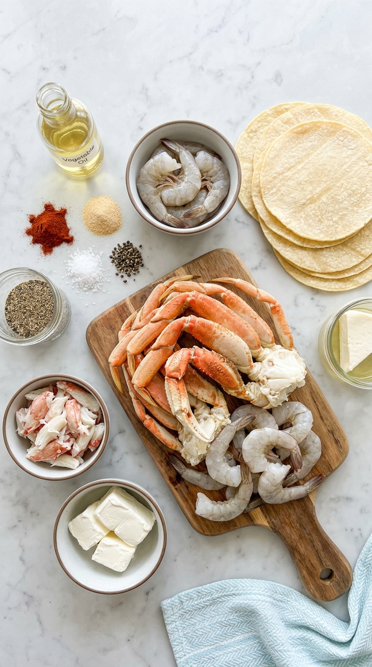 A wooden cutting board with shrimp and crab on it.
