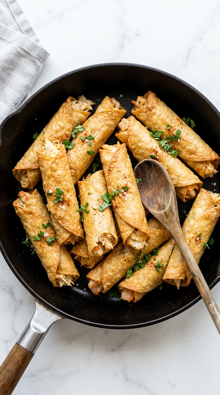 A pan of crispy crab and shrimp queso taquitos.